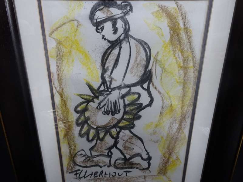 Frans Claerhout (SA 1919 - 2006) Mixed Media "Boy With Giant Sunflower" - Framed - See Description