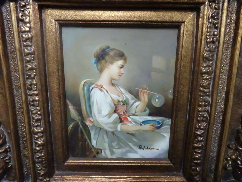 Lovely European Oil On Board"Victorian Girl Blowing Bubbles"Artist B Jakson In Stunning Gilded Frame