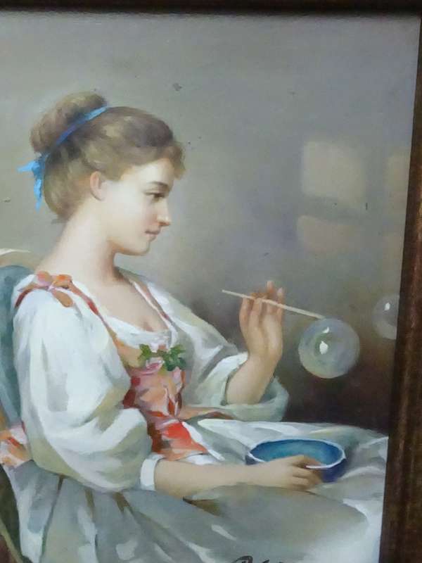 Lovely European Oil On Board"Victorian Girl Blowing Bubbles"Artist B Jakson In Stunning Gilded Frame