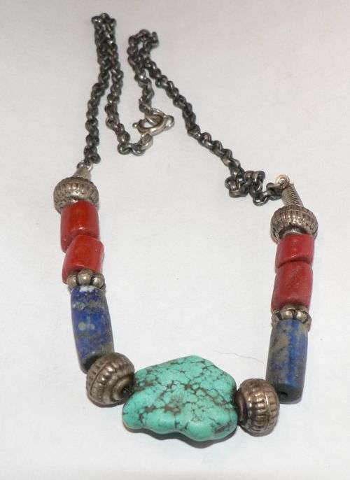 Vintage Indian silver, red coral, lapis lazuli and turquoise necklace