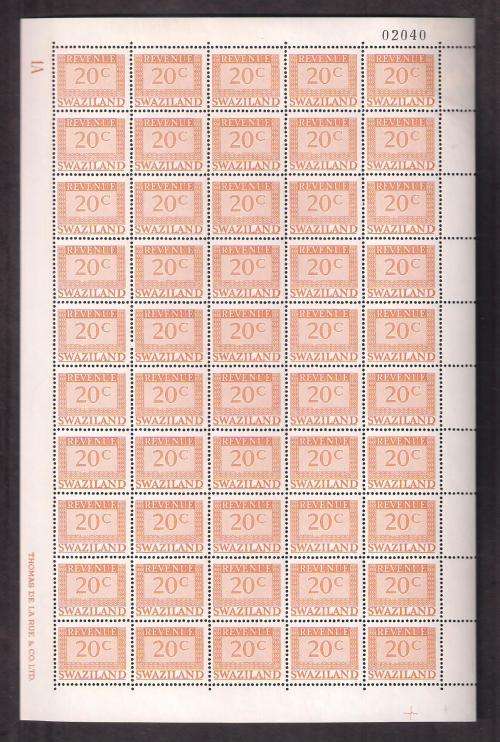 SWAZILAND REVENUE SHEETS. 5c & 20c VALUES UMM. HIGH CV. GREAT VALUE LOT.