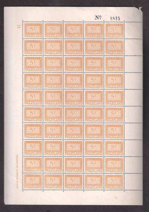 SWAZILAND REVENUE SHEETS. 5c & 20c VALUES UMM. HIGH CV. GREAT VALUE LOT.