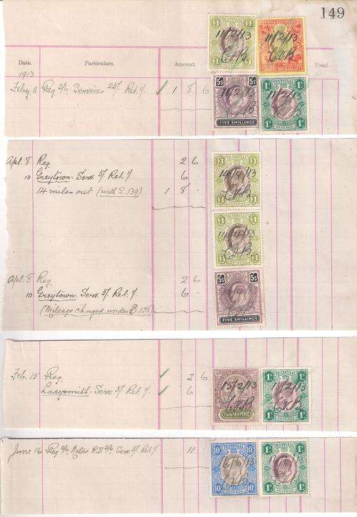 SA 1913 REVENUE'S USED INTERPROVINCIALY ON PIECE FROM NATAL SHERIFFS LEDGER