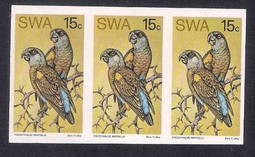 SWA. 1974 "RARE BIRDS" IMPERF STRIP OF THREE. 15c. SACC 272. SCARCE. GOOD VALUE