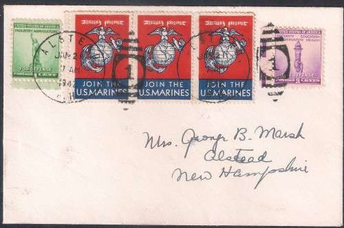 USA. 1942 COVER. " JOIN THE MARINES" CINDERELLA STAMPS ON COVER. LOVELY ITEM.
