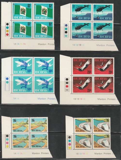 RHODESIA 1970 DEF ISSUE + ADDITIONAL VALUE CONTROL BLOCKS. SACC 196-214. PLEASE READ DESCRIPTION.