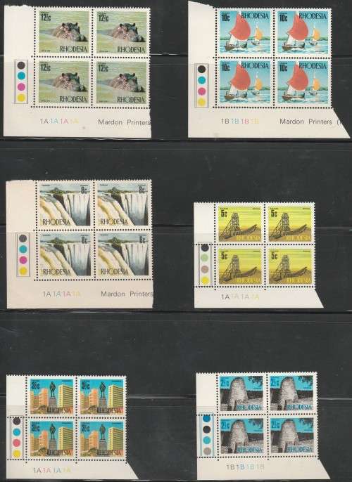 RHODESIA 1970 DEF ISSUE + ADDITIONAL VALUE CONTROL BLOCKS. SACC 196-214. PLEASE READ DESCRIPTION.