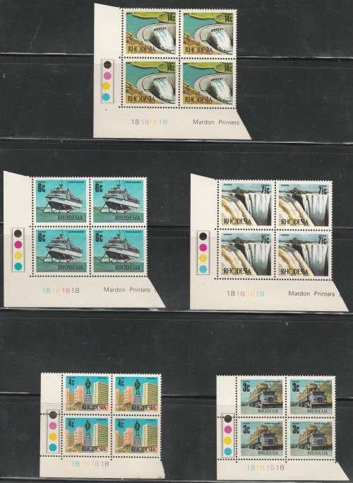 RHODESIA 1970 DEF ISSUE + ADDITIONAL VALUE CONTROL BLOCKS. SACC 196-214. PLEASE READ DESCRIPTION.