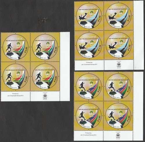 BOTSWANA 2010 JOINT SAPOA WORLD CUP SG 1137-1145 SET OF (X9). UMM IMPRINT BLOCKS OF (X4). CV GBP 52.