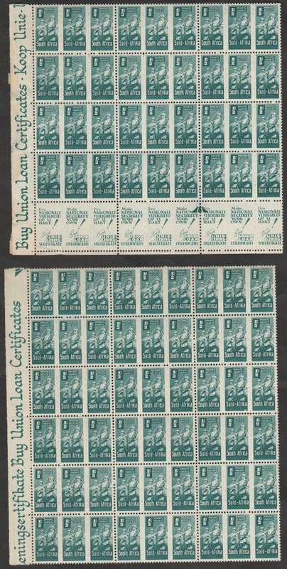 UNION 1942-44 WAR EFFORT REDUCED SIZE 1/2d BLOCKS WITH SLOGANS. SACC 95. MOUNTED IN MARGIN.