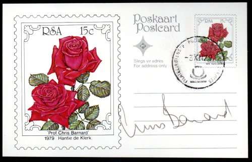 RSA 1979 4TH ROSE CONVENTION 15c POST CARD SIGNED `CHRIS BARNARD`. AS PER SCAN. AWESOME ITEM.
