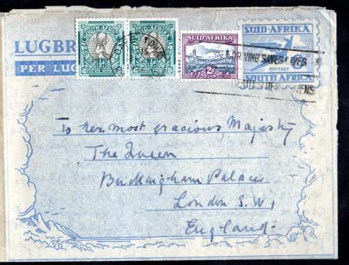 UNION 1952 AIR LETTER ADDRESSED TO `HER MOST PRECIOUS MAJESTY` QEII. NICE CACHET, SLOGAN ETC. NICE.