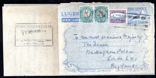 UNION 1952 AIR LETTER ADDRESSED TO `HER MOST PRECIOUS MAJESTY` QEII. NICE CACHET, SLOGAN ETC. NICE.