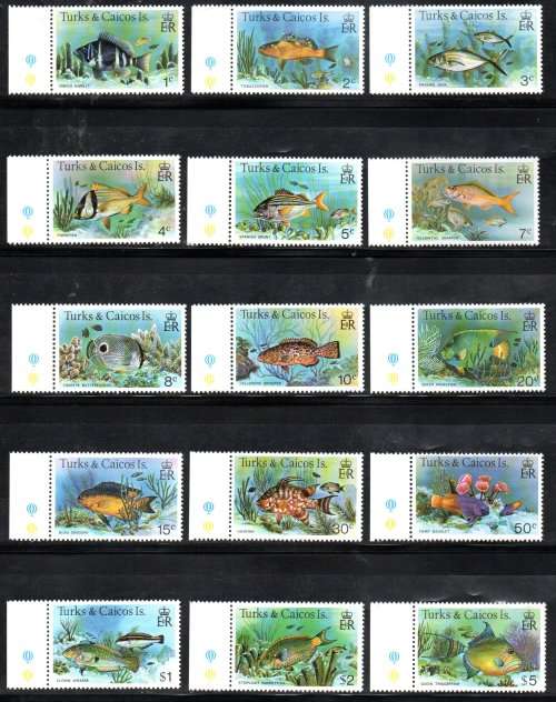 TURKS AND CAICOS ISLANDS 1978 FISHES SET OF (X15) UMM MARGINAL SINGLES. SG514A-28A. LOVELY SET.