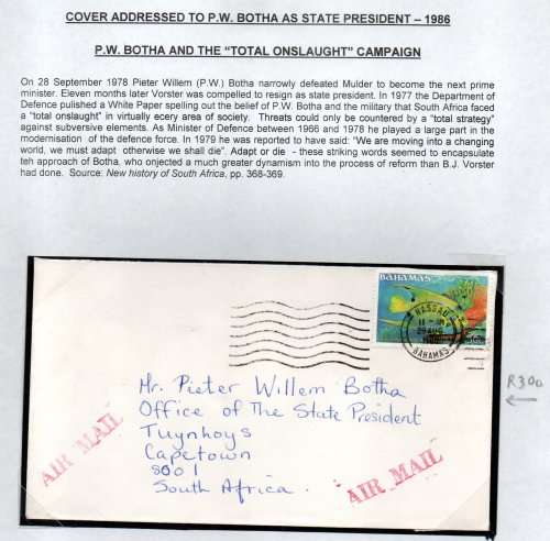 RSA 1986 COVER ADDRESSED TO PRES PW BOTHA FROM NASSAU, BAHAMAS. AS PER SCANS. GREAT ITEM.