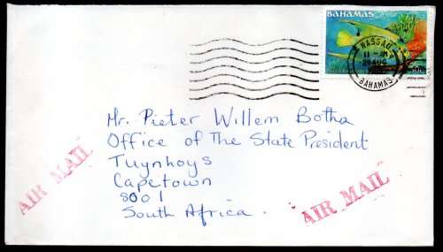 RSA 1986 COVER ADDRESSED TO PRES PW BOTHA FROM NASSAU, BAHAMAS. AS PER SCANS. GREAT ITEM.