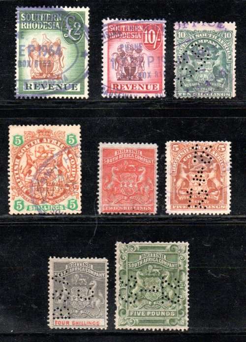 BSAC/SOUTHERN RHODESIA SELECTION OF FISCALLY USED SINGLES. PERFINS ETC. AS PER SCANS. SELLING AS IS
