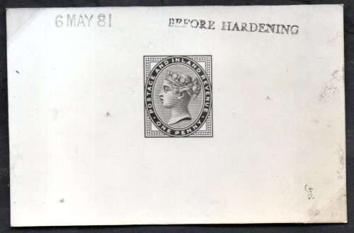 GB 1881 QV 1 PENNY DIE PROOF IN BLACK DD `6 MAY 81` ON GLAZED CARD. STAMPED `BEFORE HARDENING`. READ