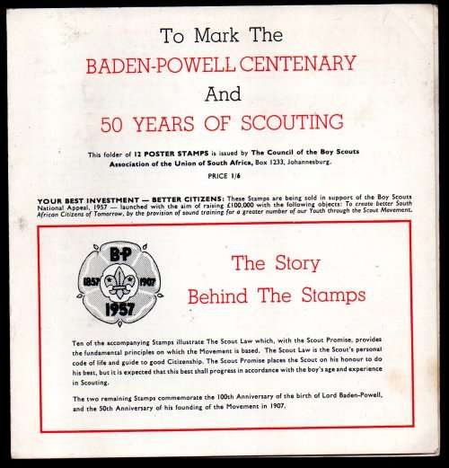UNION 1957 BADEN-POWELL CENTENARY/50 YRS OF SCOUTING FOLDER. (X2) POSTER STAMP SHEETS INSIDE. READ.