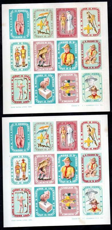 UNION 1957 BADEN-POWELL CENTENARY/50 YRS OF SCOUTING FOLDER. (X2) POSTER STAMP SHEETS INSIDE. READ.