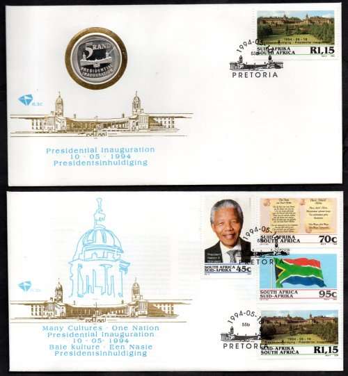 RSA 1994 PRES ELECTION COIN FDC 6.3c + MANDELA FDC 6.3b. AS LISTED. GOOD VALUE LOT!