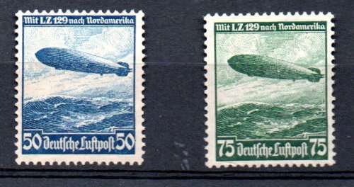 GERMANY 1936 HINDENBURG. 1ST FLIGHT TO NORTH AMERICA. NO GUM. SG 603-4. CV GBP 52. READ DESCRIPTION.
