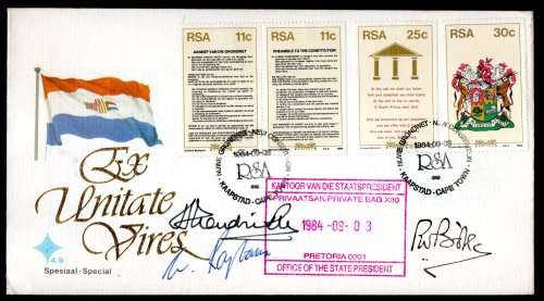 RSA 1984 NEW CONSITUTION MUTIPLE SIGNED/RUBBER STAMPED FDC `BOTHA, RAJBANSI, HENDRICKSE`. GREAT ITEM