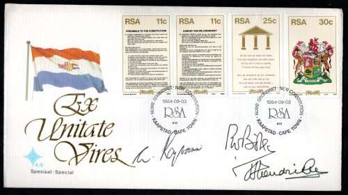 RSA 1984 NEW CONSITUTION MUTIPLE SIGNED/RUBBER STAMPED ON BACK FDC `BOTHA, RAJBANSI, HENDRICKSE`.