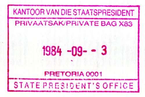 RSA 1984 NEW CONSITUTION MUTIPLE SIGNED/RUBBER STAMPED ON BACK FDC `BOTHA, RAJBANSI, HENDRICKSE`.