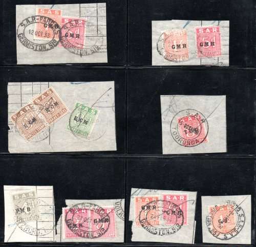 SOUTH AFRICAN RAILWAYS 1930`s SELECTION OF PARCELS STAMPS USED ON PIECE. AS PER SCANS. GREAT ITEMS.
