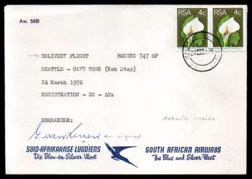 SA AIRWAYS DELIVERY FLIGHT COVER SEATTLE-CPT (NON STOP) SIGNED `COMMANDER G VAN REENEN`. AS BELOW.