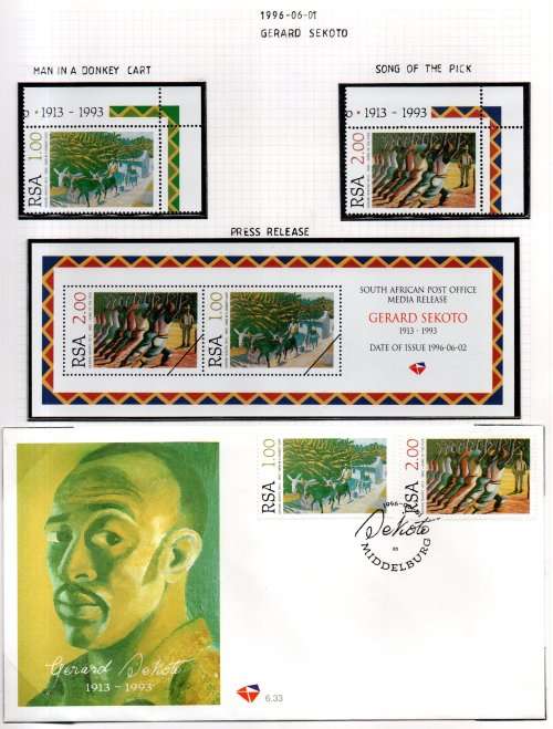 RSA 1996 GERARD SEKOTO LOT. FDC, MEDIA RELEASE, SHEETLETS, POSTCARDS ETC. AS PER (X4) SCANS. LOVELY.
