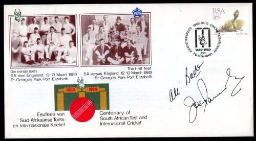 RSA 1989 CENTENARY OF TEST+INTERNATIONAL CRICKET COMMEM COVER SIGNED `ALI BACHER + JOE PAMENSKY`.