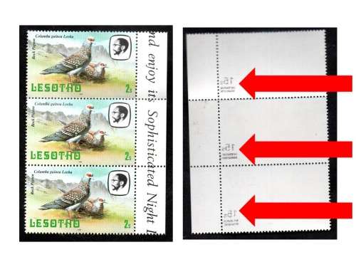 LESOTHO 1986 15s SURCH ON 2s UMM MARG STRIP OF (X3) WITH `SURCHARGES ON BACK OF STAMPS`. READ.