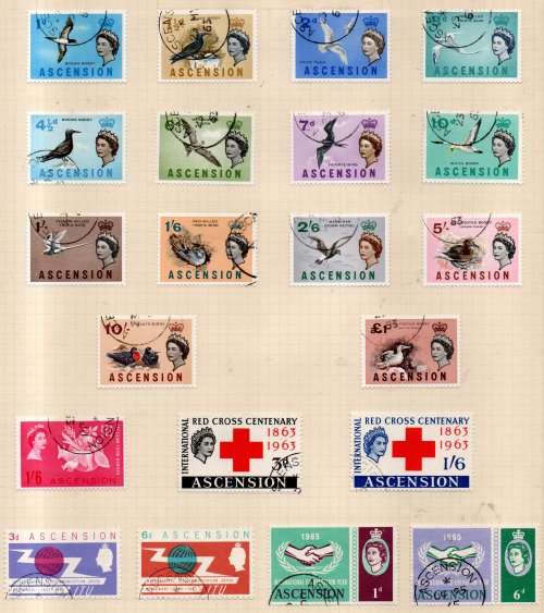 ASCENSION 1948-65 QEII USED SELECTION MOUNTED ON (X2) PAGES inc BIRDS SET. CV GBP 75+. NICE LOT.