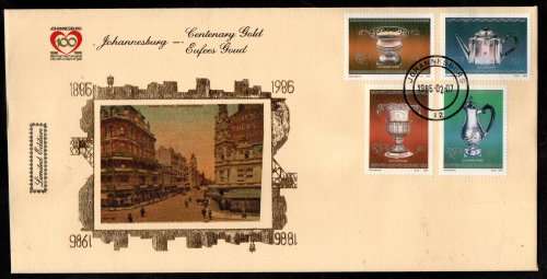 RSA 1986 JOHANNESBURG CENTENARY GOLD FOILED COMMEM COVERS (X6). AS PER SCANS. LIMITED EDITIONS.