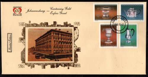 RSA 1986 JOHANNESBURG CENTENARY GOLD FOILED COMMEM COVERS (X6). AS PER SCANS. LIMITED EDITIONS.