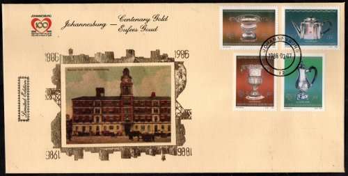 RSA 1986 JOHANNESBURG CENTENARY GOLD FOILED COMMEM COVERS (X6). AS PER SCANS. LIMITED EDITIONS.