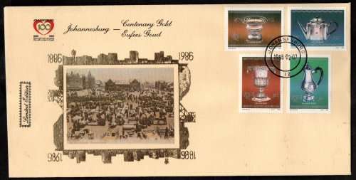 RSA 1986 JOHANNESBURG CENTENARY GOLD FOILED COMMEM COVERS (X6). AS PER SCANS. LIMITED EDITIONS.