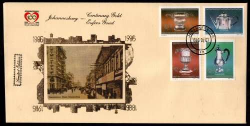 RSA 1986 JOHANNESBURG CENTENARY GOLD FOILED COMMEM COVERS (X6). AS PER SCANS. LIMITED EDITIONS.