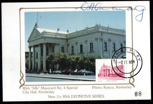 RSA 1984 11c DEFINITIVE MAXISILK CARD #4S SIGNED BY `MAYOR DA LIEBENBERG`. AS PER SCANS. GREAT ITEM.