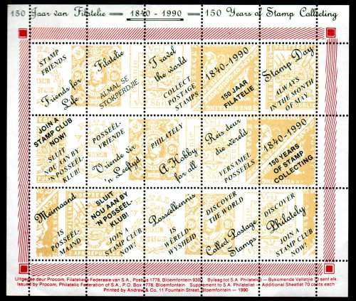 RSA 1990 150 YEARS OF STAMP COLLECTING CINDERELLA SHEETLET. NO GUM. AS PER SCANS. NICE ITEM.