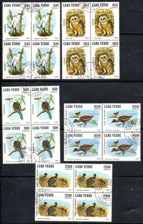 CAPE VERDE ISLANDS 1981 BIRDS SET OF (X5) USED (CTO) BLKS OF (X4). SG512-6. AS PER SCANS. NICE LOT.