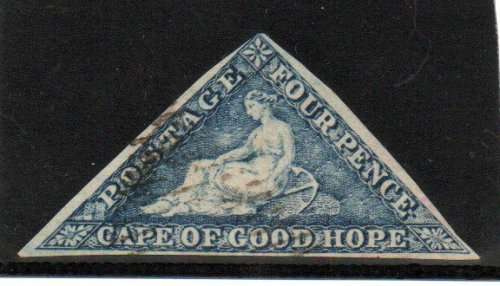 COGH 1863-64 4d BLUE TRIANGLE USED. JUST TOUCHING MARGIN AT TOP LEFT. CC15a. CV R2000. AS PER SCANS.