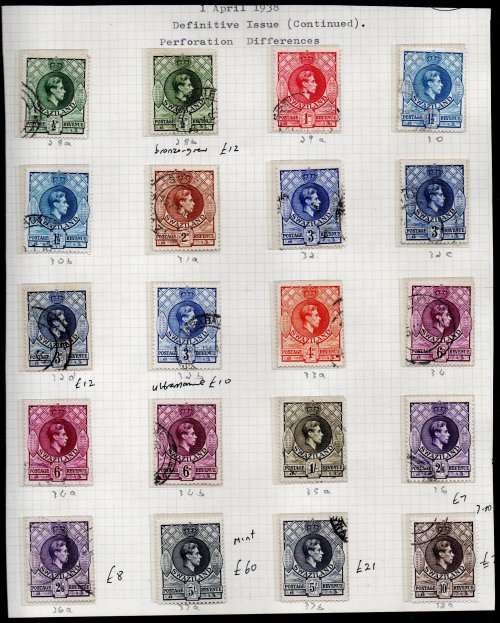 SWAZILAND KGVI USED SELECTION ON PAGE inc BETTER PERFS, ALSO 5s MINT (CV GBP 60). TOTAL CAT GBP 180