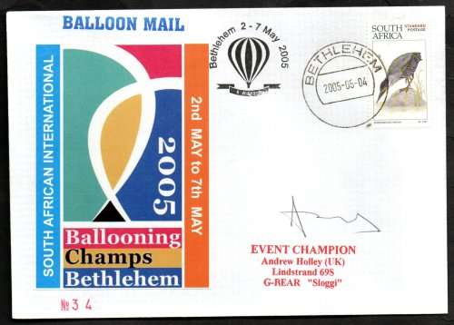 RSA 2005 BALLOON MAIL SA INTERNATIONAL CHAMPS BLOEM COVER SIGNED BY `EVENT CHAMP ANDREW HOLLEY`.