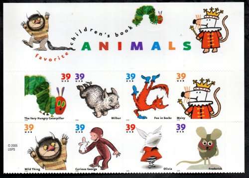 USA 2006 CHILDREN`S BOOK ANIMALS SET OF (X8) IN SELF-ADHESIVE PART SHEET. SG4526-33. CV GBP 7.2.