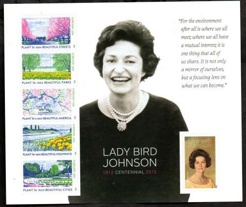 USA 2012 100TH ANNIV OF THE BIRTH OF LADY BIRD JOHNSON SELF-ADHESIVE SHEETLET. AS PER SCANS. NICE.