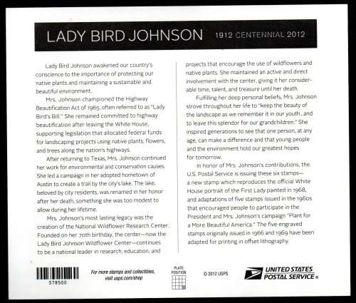 USA 2012 100TH ANNIV OF THE BIRTH OF LADY BIRD JOHNSON SELF-ADHESIVE SHEETLET. AS PER SCANS. NICE.