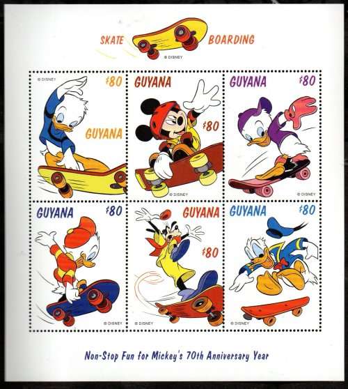 GUYANA 1999 70TH BIRTHDAY OF MICKEY MOUSE UMM SHEETLET. SG5453-8. AS PER SCANS. GREAT ITEM.